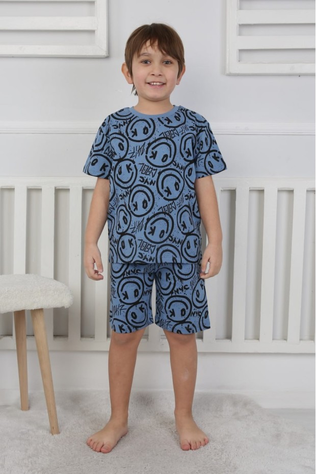 Erkek Çocuk Çoklu Gülen Yüz Baskılı %100 Pamuk Reaktif Boyama Süprem Şortlu Pijama Takımı 