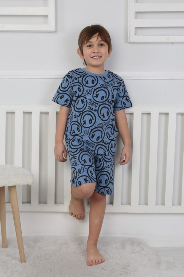 Erkek Çocuk Çoklu Gülen Yüz Baskılı %100 Pamuk Reaktif Boyama Süprem Şortlu Pijama Takımı 
