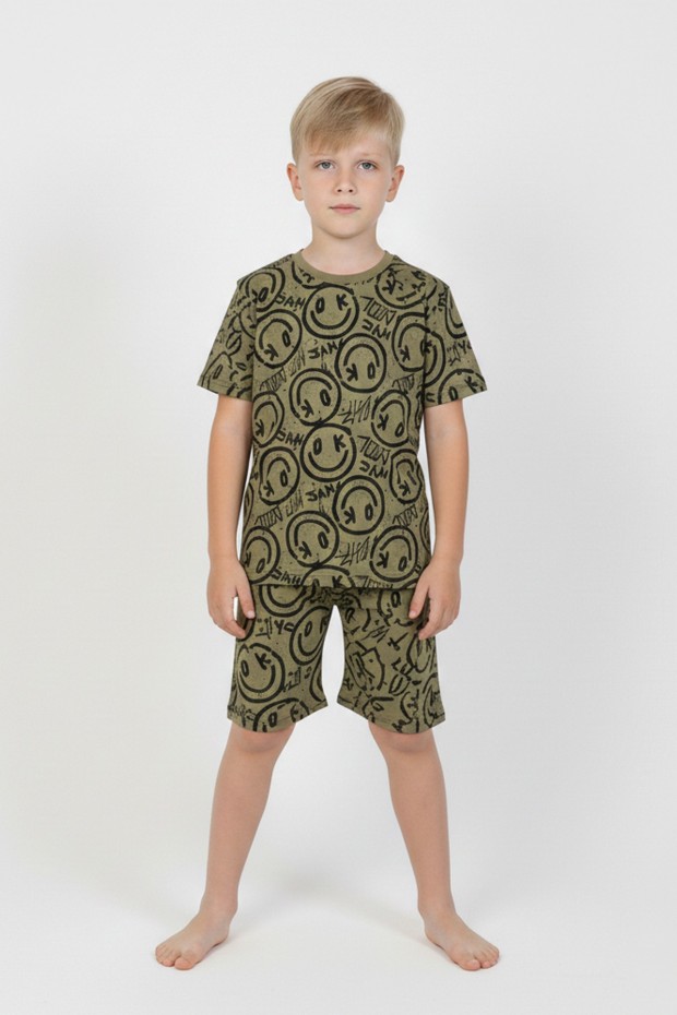 Erkek Çocuk Çoklu Gülen Yüz Baskılı %100 Pamuk Reaktif Boyama Süprem Şortlu Pijama Takımı