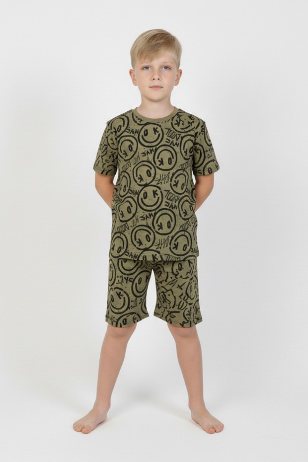 Erkek Çocuk Çoklu Gülen Yüz Baskılı %100 Pamuk Reaktif Boyama Süprem Şortlu Pijama Takımı
