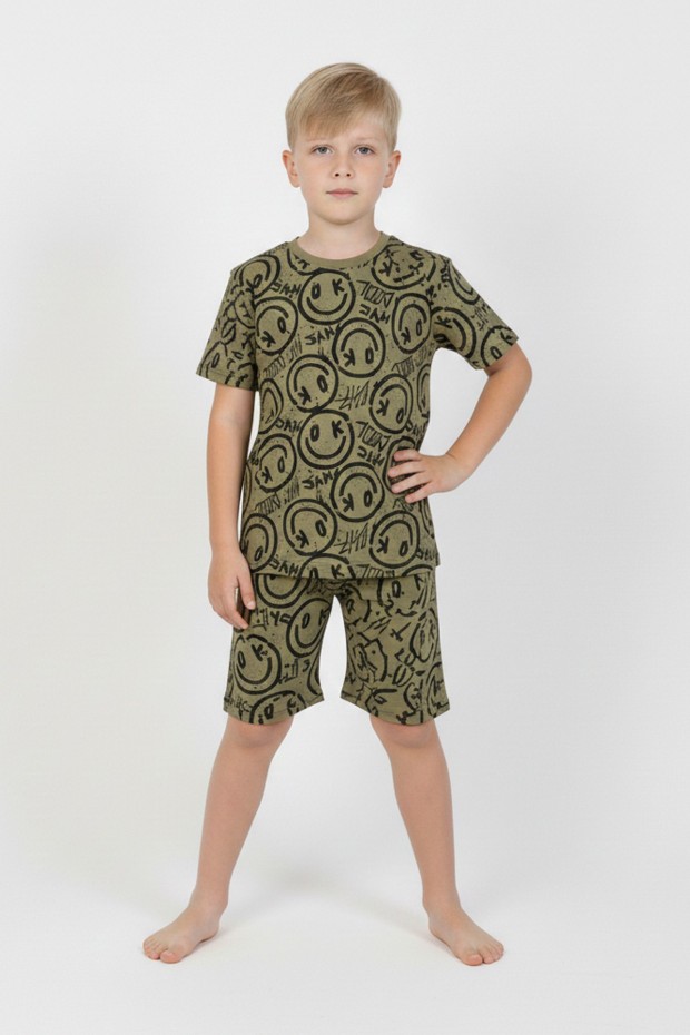 Erkek Çocuk Çoklu Gülen Yüz Baskılı %100 Pamuk Reaktif Boyama Süprem Şortlu Pijama Takımı