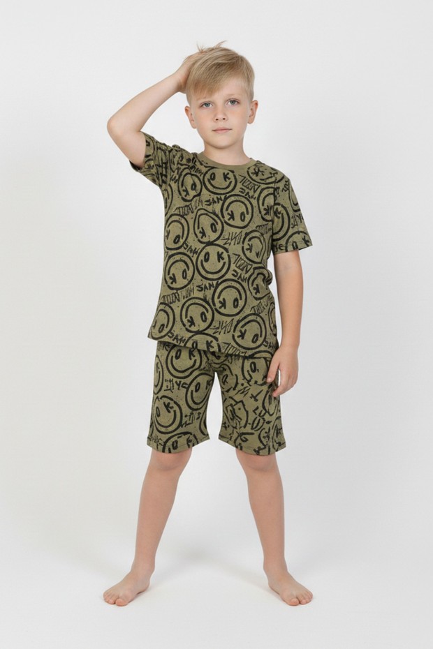 Erkek Çocuk Çoklu Gülen Yüz Baskılı %100 Pamuk Reaktif Boyama Süprem Şortlu Pijama Takımı