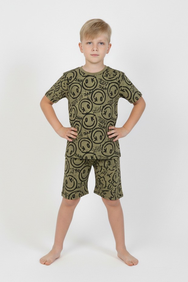Erkek Çocuk Çoklu Gülen Yüz Baskılı %100 Pamuk Reaktif Boyama Süprem Şortlu Pijama Takımı