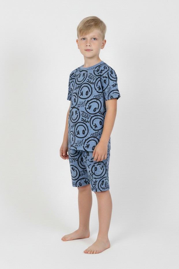 Erkek Çocuk Çoklu Gülen Yüz Baskılı %100 Pamuk Reaktif Boyama Süprem Şortlu Pijama Takımı 