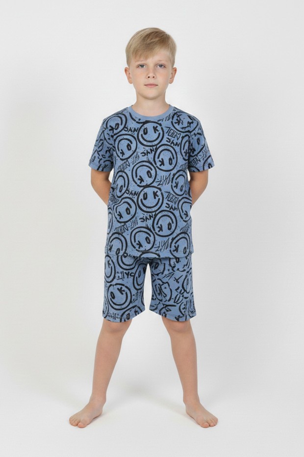 Erkek Çocuk Çoklu Gülen Yüz Baskılı %100 Pamuk Reaktif Boyama Süprem Şortlu Pijama Takımı 