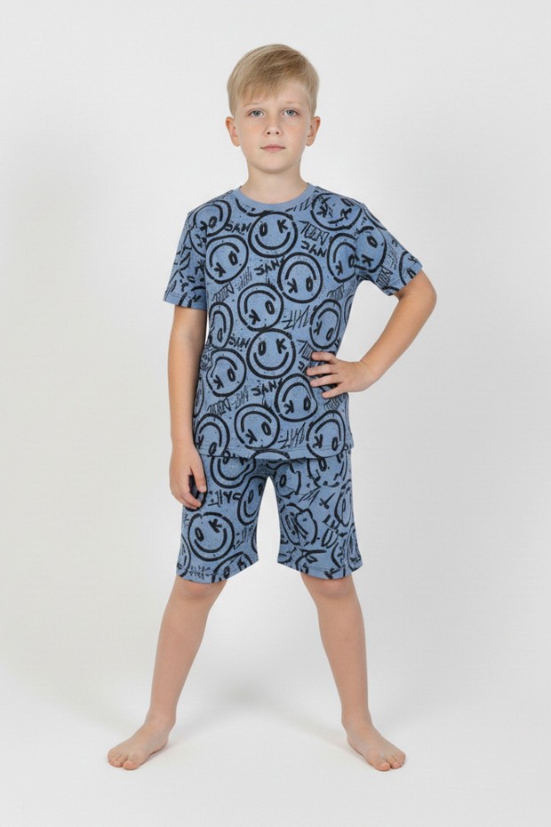 Erkek Çocuk Çoklu Gülen Yüz Baskılı %100 Pamuk Reaktif Boyama Süprem Şortlu Pijama Takımı 