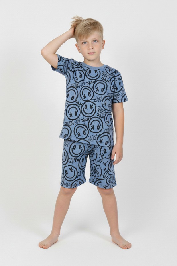 Erkek Çocuk Çoklu Gülen Yüz Baskılı %100 Pamuk Reaktif Boyama Süprem Şortlu Pijama Takımı 