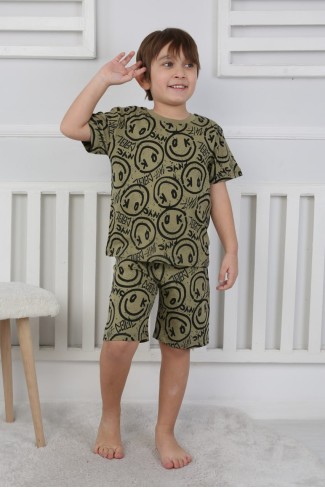 Erkek Çocuk Çoklu Gülen Yüz Baskılı %100 Pamuk Reaktif Boyama Süprem Şortlu Pijama Takımı
