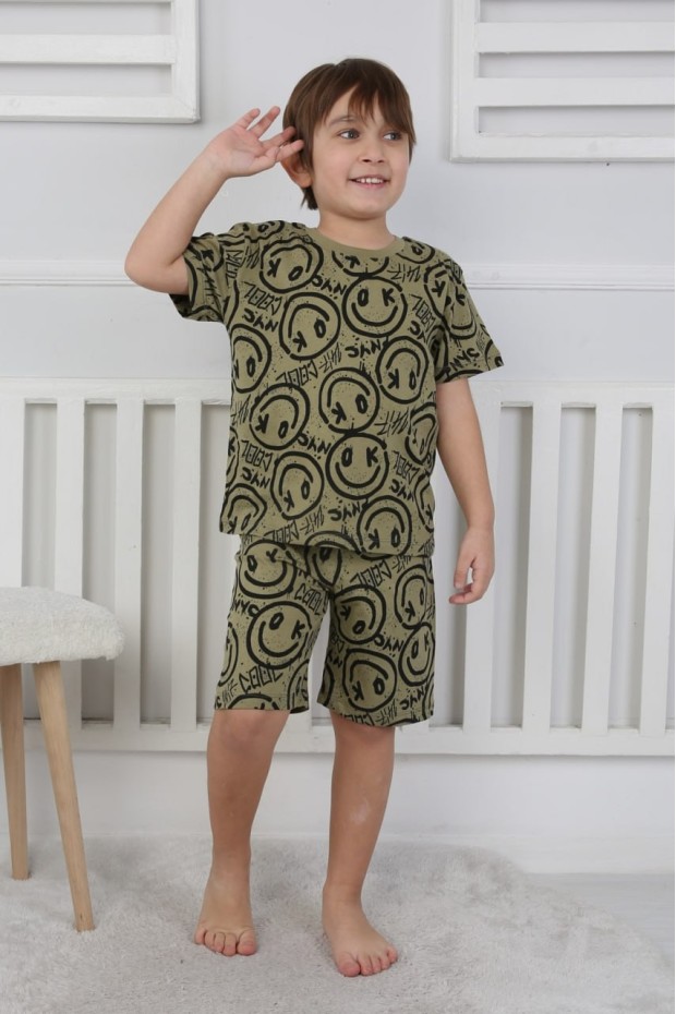 Erkek Çocuk Çoklu Gülen Yüz Baskılı %100 Pamuk Reaktif Boyama Süprem Şortlu Pijama Takımı
