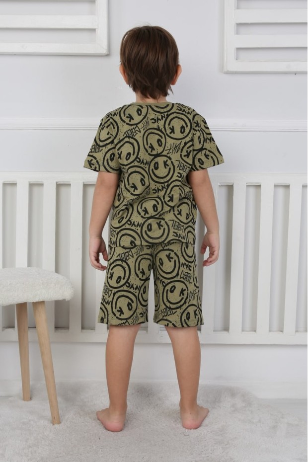 Erkek Çocuk Çoklu Gülen Yüz Baskılı %100 Pamuk Reaktif Boyama Süprem Şortlu Pijama Takımı