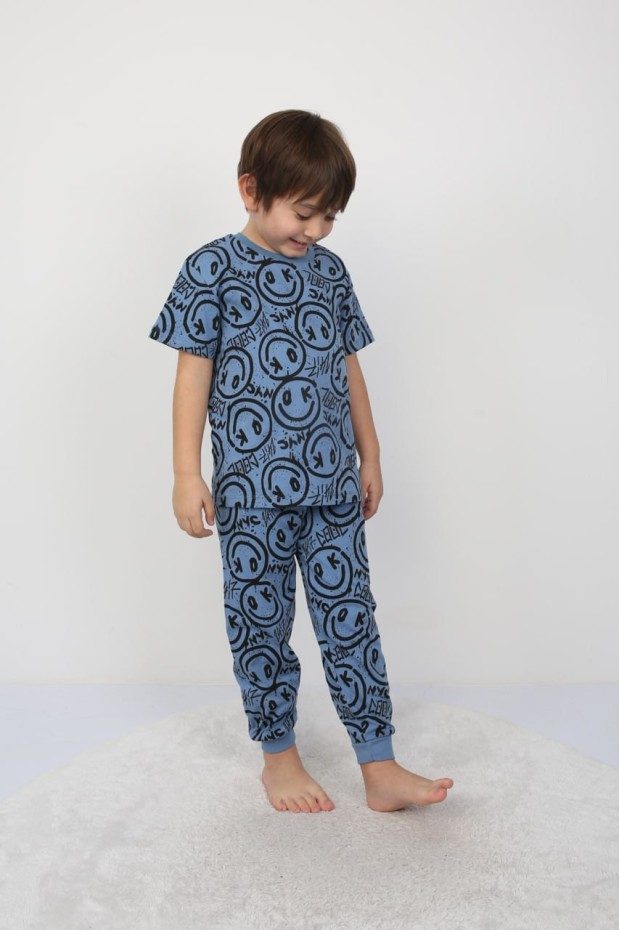 Erkek Çocuk Çoklu Gülen Yüz Baskılı %100 Pamuk Reaktif Boyama Süprem Pijama Takımı