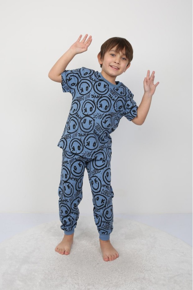 Erkek Çocuk Çoklu Gülen Yüz Baskılı %100 Pamuk Reaktif Boyama Süprem Pijama Takımı