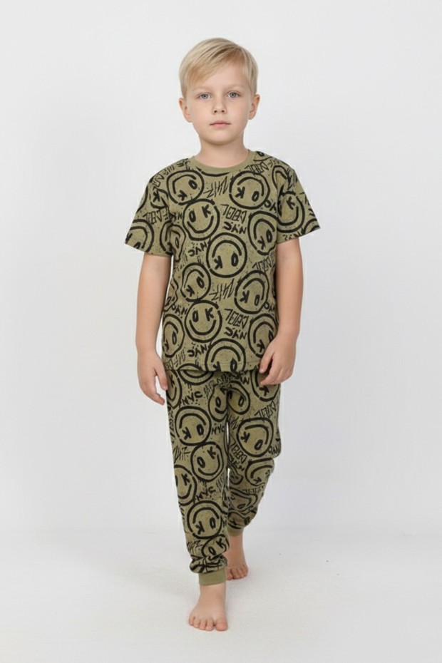 Erkek Çocuk Çoklu Gülen Yüz Baskılı %100 Pamuk Reaktif Boyama Süprem Pijama Takımı