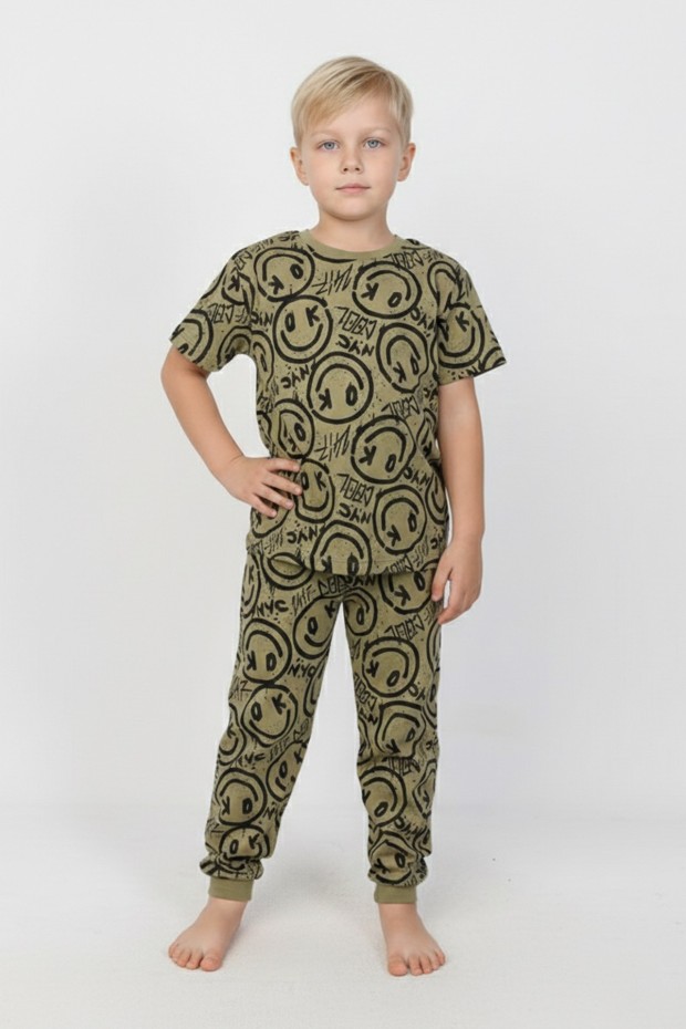 Erkek Çocuk Çoklu Gülen Yüz Baskılı %100 Pamuk Reaktif Boyama Süprem Pijama Takımı