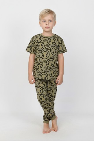 Erkek Çocuk Çoklu Gülen Yüz Baskılı %100 Pamuk Reaktif Boyama Süprem Pijama Takımı