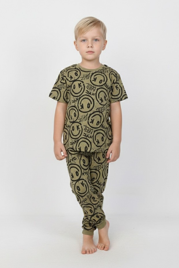 Erkek Çocuk Çoklu Gülen Yüz Baskılı %100 Pamuk Reaktif Boyama Süprem Pijama Takımı