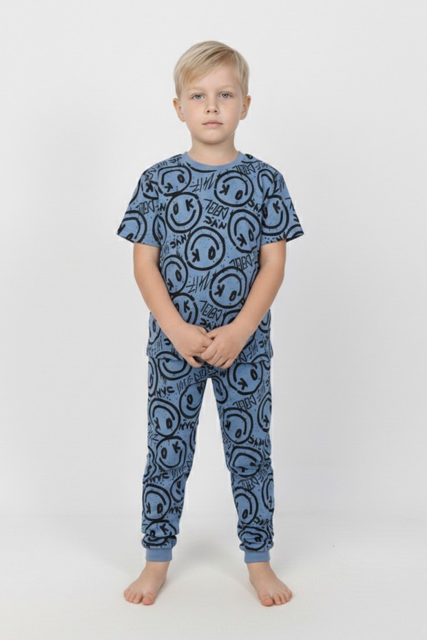 Erkek Çocuk Çoklu Gülen Yüz Baskılı %100 Pamuk Reaktif Boyama Süprem Pijama Takımı