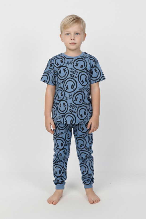 Erkek Çocuk Çoklu Gülen Yüz Baskılı %100 Pamuk Reaktif Boyama Süprem Pijama Takımı