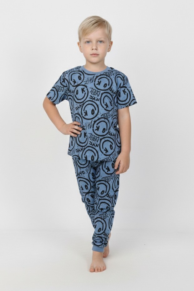 Erkek Çocuk Çoklu Gülen Yüz Baskılı %100 Pamuk Reaktif Boyama Süprem Pijama Takımı