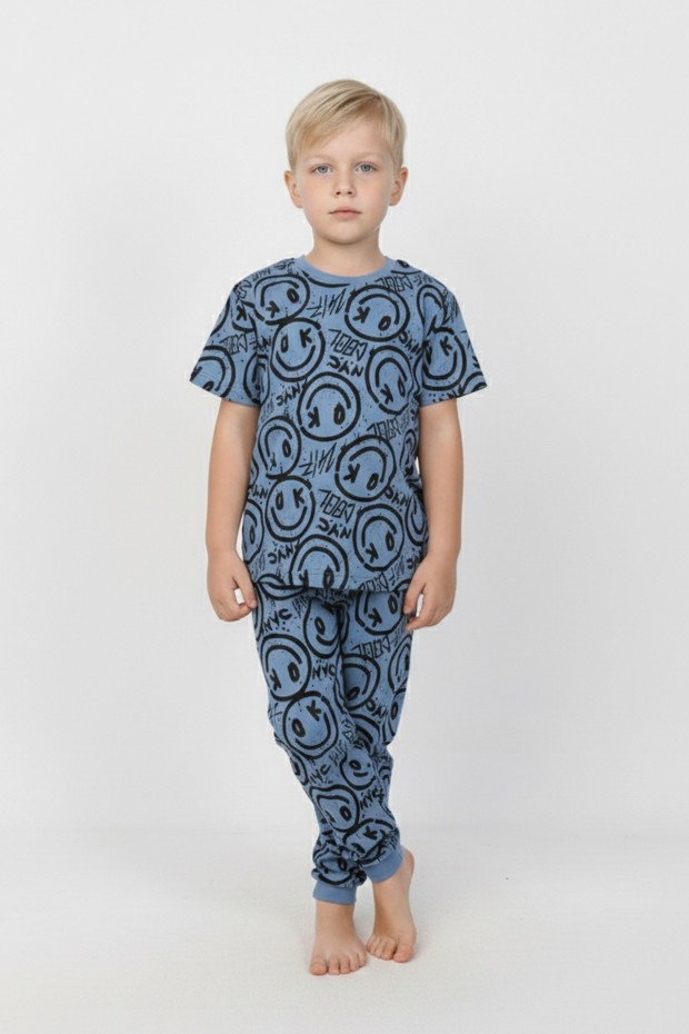 Erkek Çocuk Çoklu Gülen Yüz Baskılı %100 Pamuk Reaktif Boyama Süprem Pijama Takımı