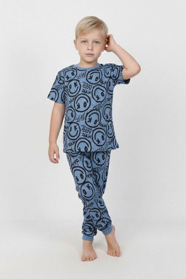 Erkek Çocuk Çoklu Gülen Yüz Baskılı %100 Pamuk Reaktif Boyama Süprem Pijama Takımı