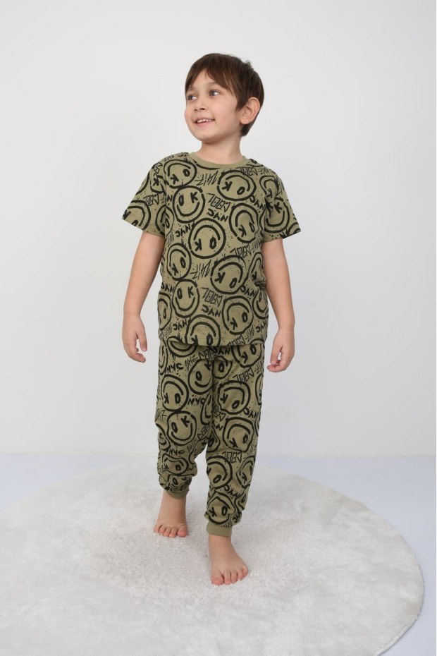 Erkek Çocuk Çoklu Gülen Yüz Baskılı %100 Pamuk Reaktif Boyama Süprem Pijama Takımı