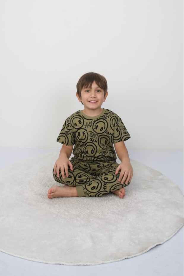 Erkek Çocuk Çoklu Gülen Yüz Baskılı %100 Pamuk Reaktif Boyama Süprem Pijama Takımı