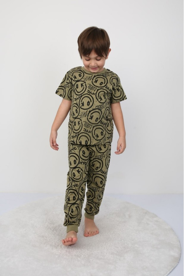 Erkek Çocuk Çoklu Gülen Yüz Baskılı %100 Pamuk Reaktif Boyama Süprem Pijama Takımı