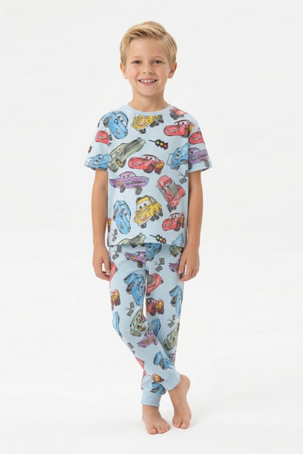 Erkek Çocuk Araba Baskılı %100 Pamuk Reaktif Boyama Süprem Pijama Takımı