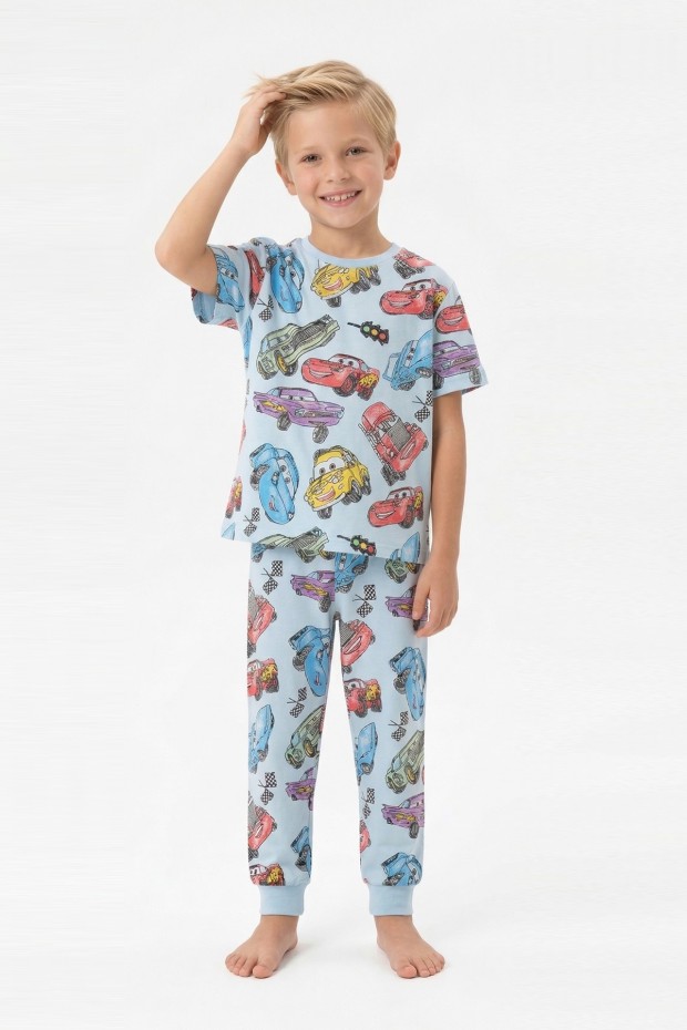 Erkek Çocuk Araba Baskılı %100 Pamuk Reaktif Boyama Süprem Pijama Takımı