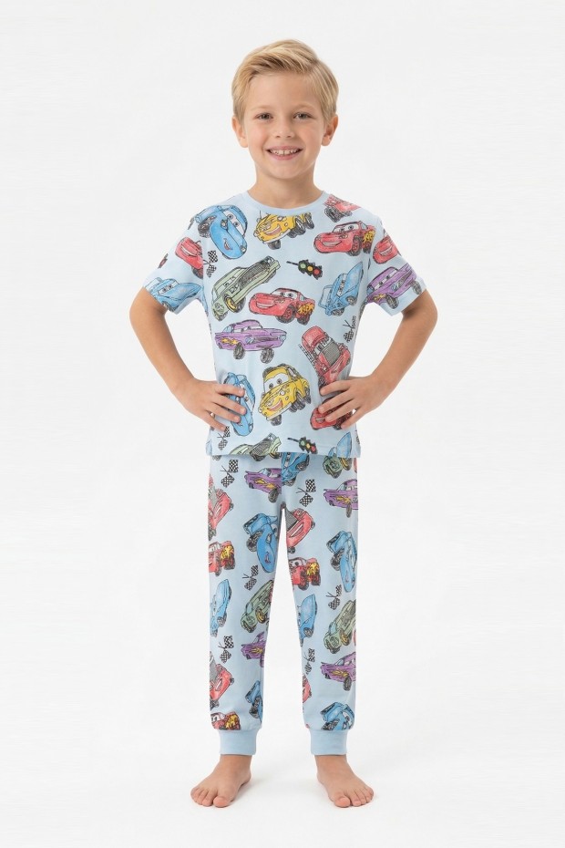 Erkek Çocuk Araba Baskılı %100 Pamuk Reaktif Boyama Süprem Pijama Takımı