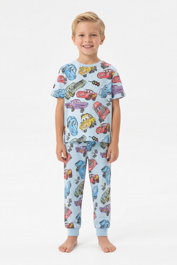 Erkek Çocuk Araba Baskılı %100 Pamuk Reaktif Boyama Süprem Pijama Takımı