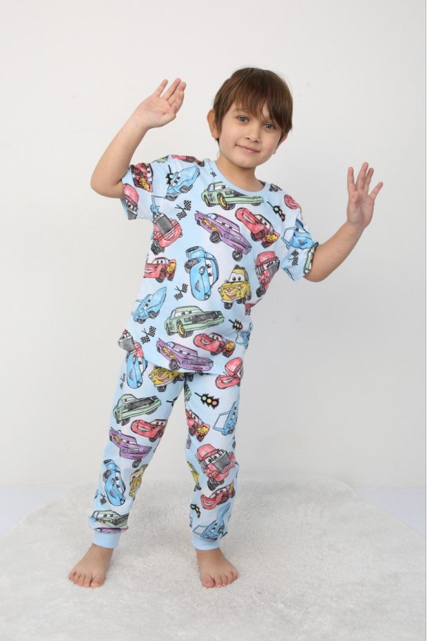 Erkek Çocuk Araba Baskılı %100 Pamuk Reaktif Boyama Süprem Pijama Takımı