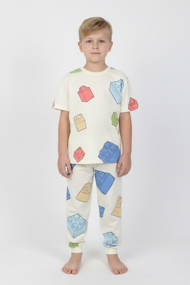 Erkek Çocuk Lego Blok Desenli %100 Pamuk Reaktif Boyama Süprem Pijama Takımı