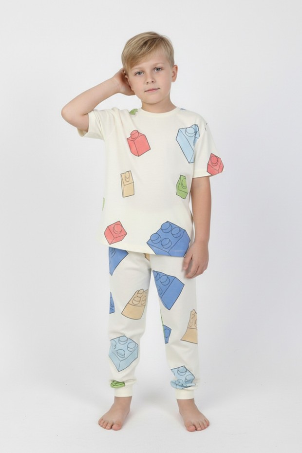 Erkek Çocuk Lego Blok Desenli %100 Pamuk Reaktif Boyama Süprem Pijama Takımı