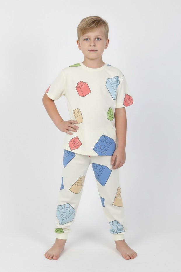 Erkek Çocuk Lego Blok Desenli %100 Pamuk Reaktif Boyama Süprem Pijama Takımı