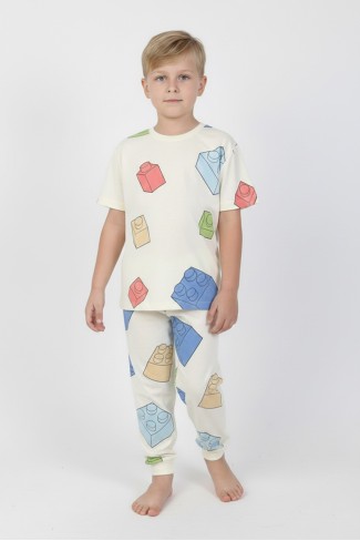 Erkek Çocuk Lego Blok Desenli %100 Pamuk Reaktif Boyama Süprem Pijama Takımı