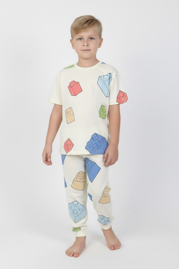 Erkek Çocuk Lego Blok Desenli %100 Pamuk Reaktif Boyama Süprem Pijama Takımı