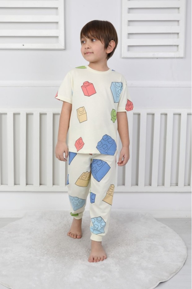 Erkek Çocuk Lego Blok Desenli %100 Pamuk Reaktif Boyama Süprem Pijama Takımı