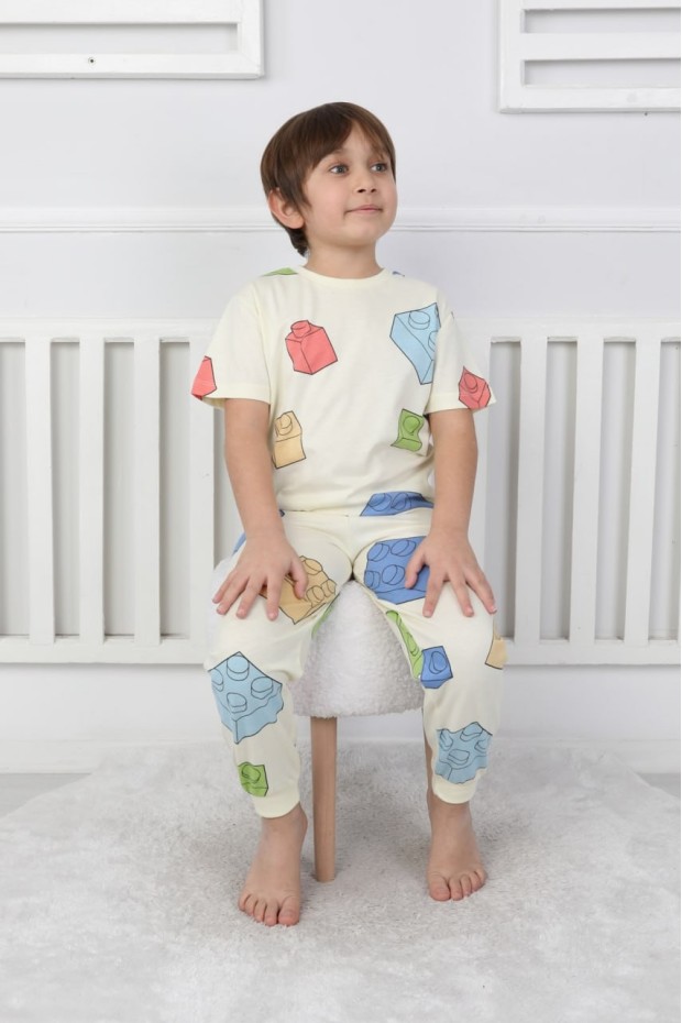 Erkek Çocuk Lego Blok Desenli %100 Pamuk Reaktif Boyama Süprem Pijama Takımı
