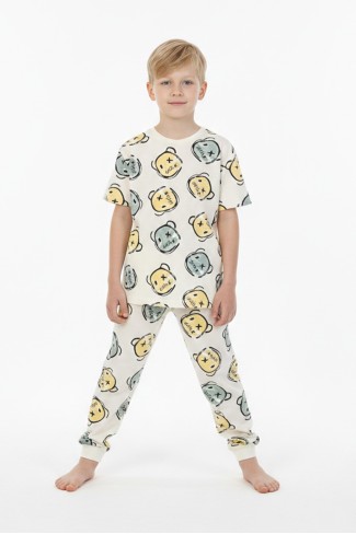 Erkek Çocuk Çoklu Gülen Yüz Baskılı Süprem %100 Pamuk Reaktif Boyama Pijama Takımı