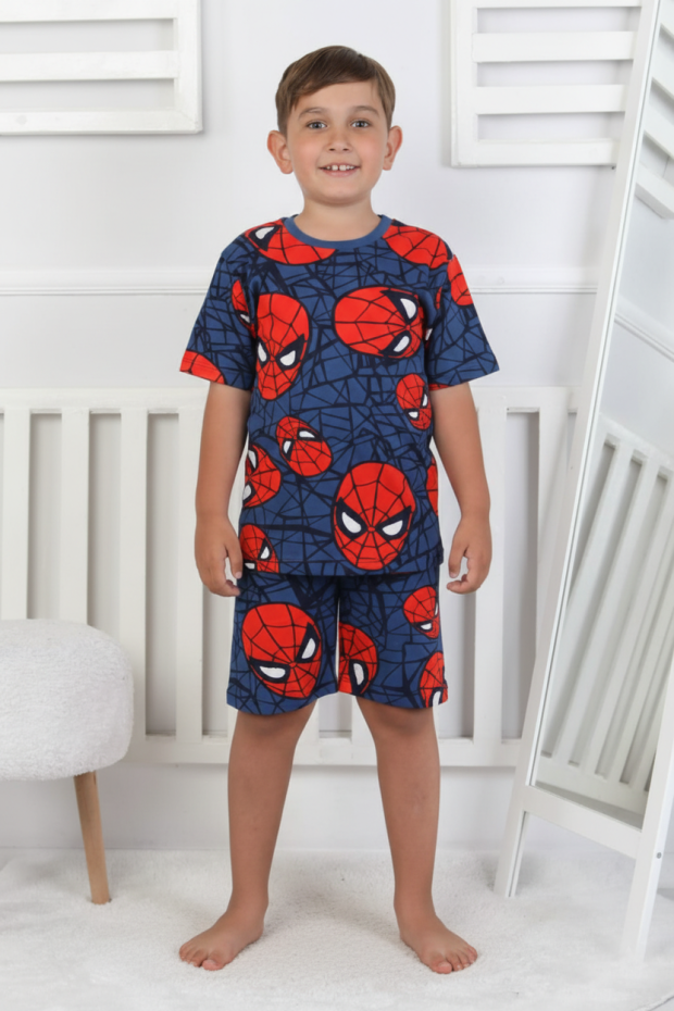 Erkek Çocuk Örümcek Adam Desenli %100 Pamuk Süprem Kumaş Kısa Kollu Şortlu Pijama Takımı