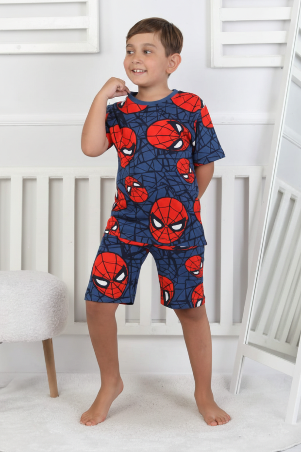 Erkek Çocuk Örümcek Adam Desenli %100 Pamuk Süprem Kumaş Kısa Kollu Şortlu Pijama Takımı