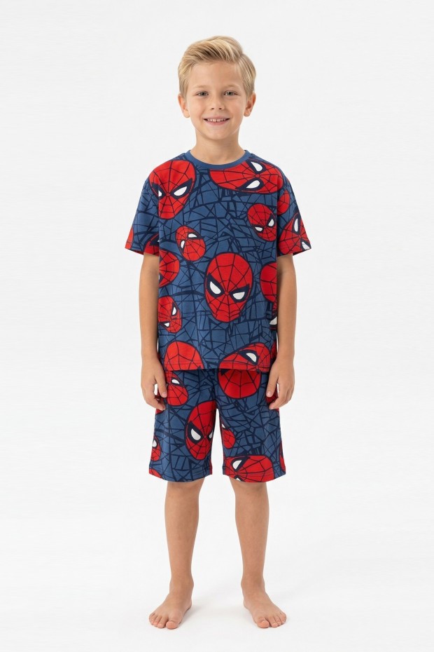 Erkek Çocuk Örümcek Adam Desenli %100 Pamuk Süprem Kumaş Kısa Kollu Şortlu Pijama Takımı