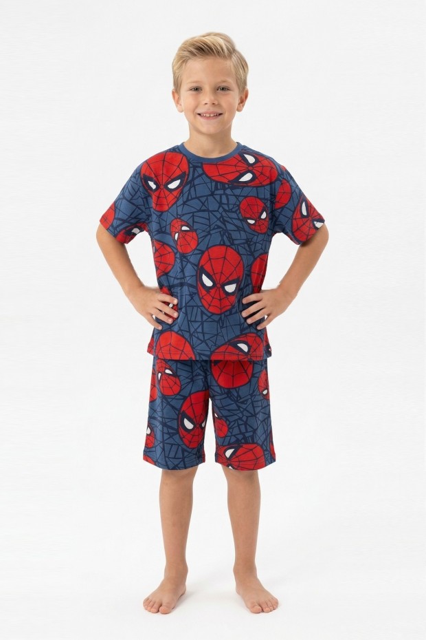 Erkek Çocuk Örümcek Adam Desenli %100 Pamuk Süprem Kumaş Kısa Kollu Şortlu Pijama Takımı