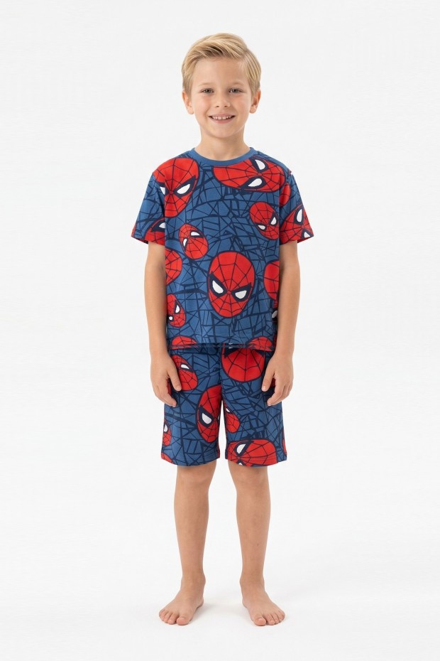 Erkek Çocuk Örümcek Adam Desenli %100 Pamuk Süprem Kumaş Kısa Kollu Şortlu Pijama Takımı