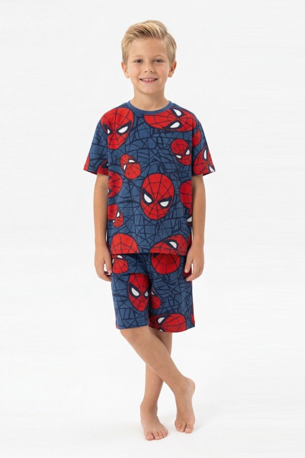 Erkek Çocuk Örümcek Adam Desenli %100 Pamuk Süprem Kumaş Kısa Kollu Şortlu Pijama Takımı