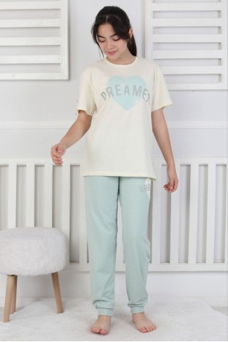 Garson Kız Çocuk Kalp Baskılı  %100 Pamuk Reaktif Boyama Süprem  Kumaş Kısa Kollu Pijama Takımı