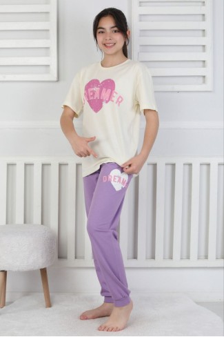 Garson Kız Çocuk Kalp Baskılı  %100 Pamuk Reaktif Boyama Süprem  Kumaş Kısa Kollu Pijama Takımı 