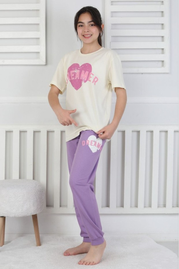 Garson Kız Çocuk Kalp Baskılı  %100 Pamuk Reaktif Boyama Süprem  Kumaş Kısa Kollu Pijama Takımı 